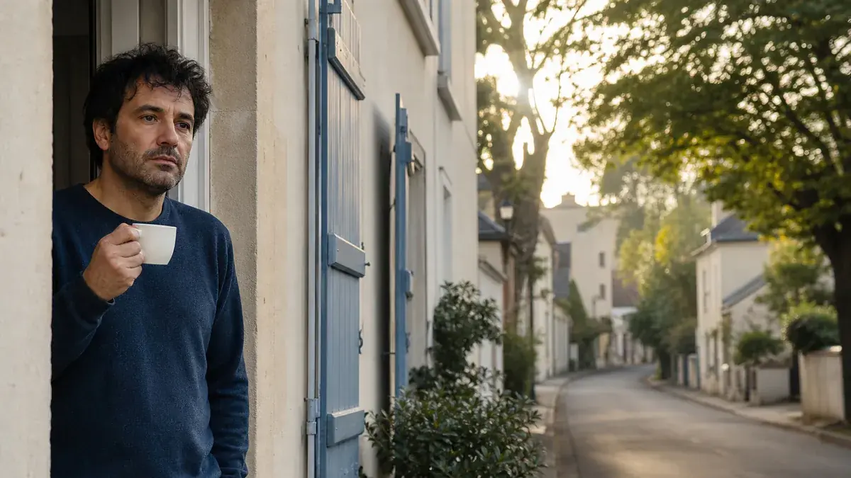 Homme aux traits tirés tenant une tasse de café sur le seuil d’une maison, dans une rue calme au petit matin