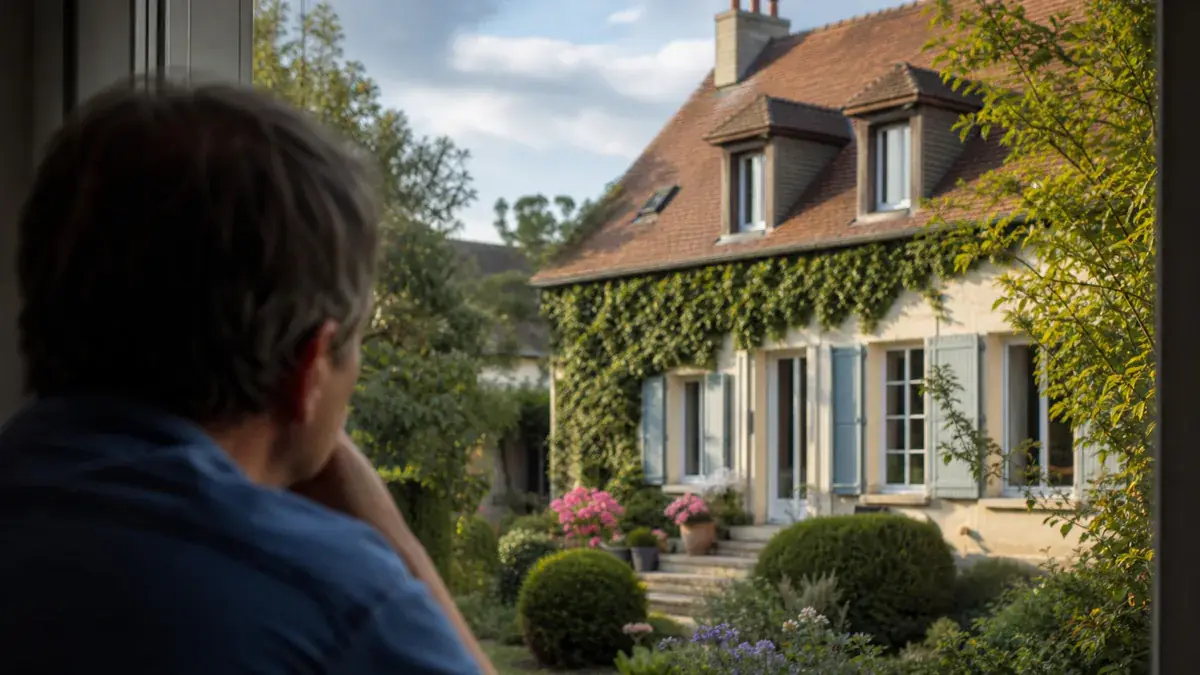 Homme vu de dos près d’une fenêtre, regardant une maison couverte de lierre au fond d’un jardin fleuri