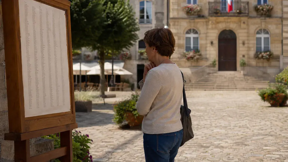 Femme de dos lisant un panneau couvert de longues listes de mots, sur une place pavée devant une mairie
