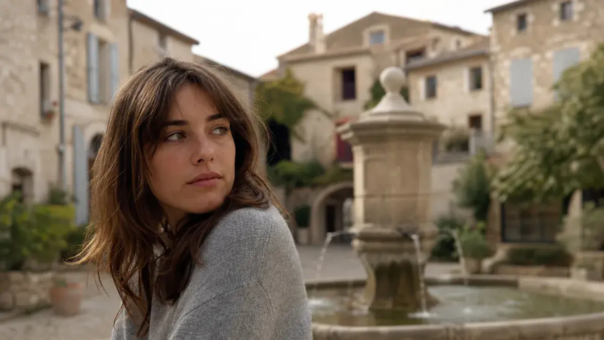 Jeune femme aux cheveux longs, regard triste perdu au loin, près d’une fontaine sur une place ancienne