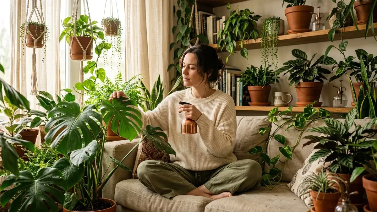 Femme assise dans un canapé, une tasse à la main, entourée de nombreuses plantes vertes