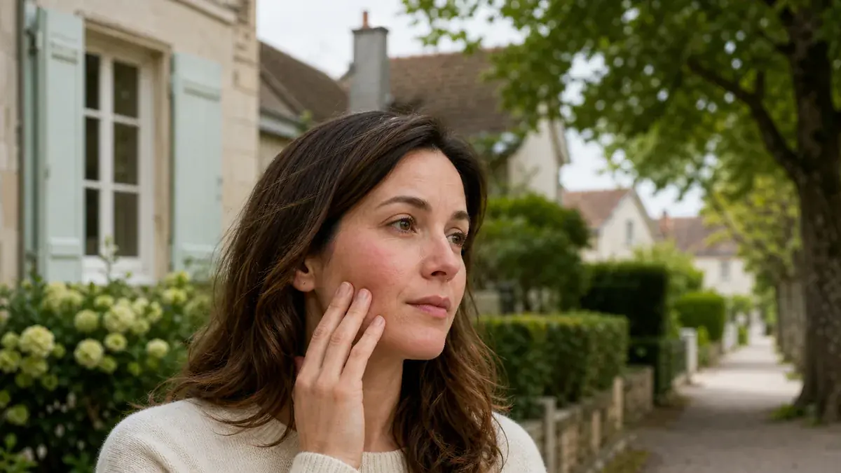 Femme aux joues rougies posant la main sur son visage, dans une allée bordée de haies et d’hortensias