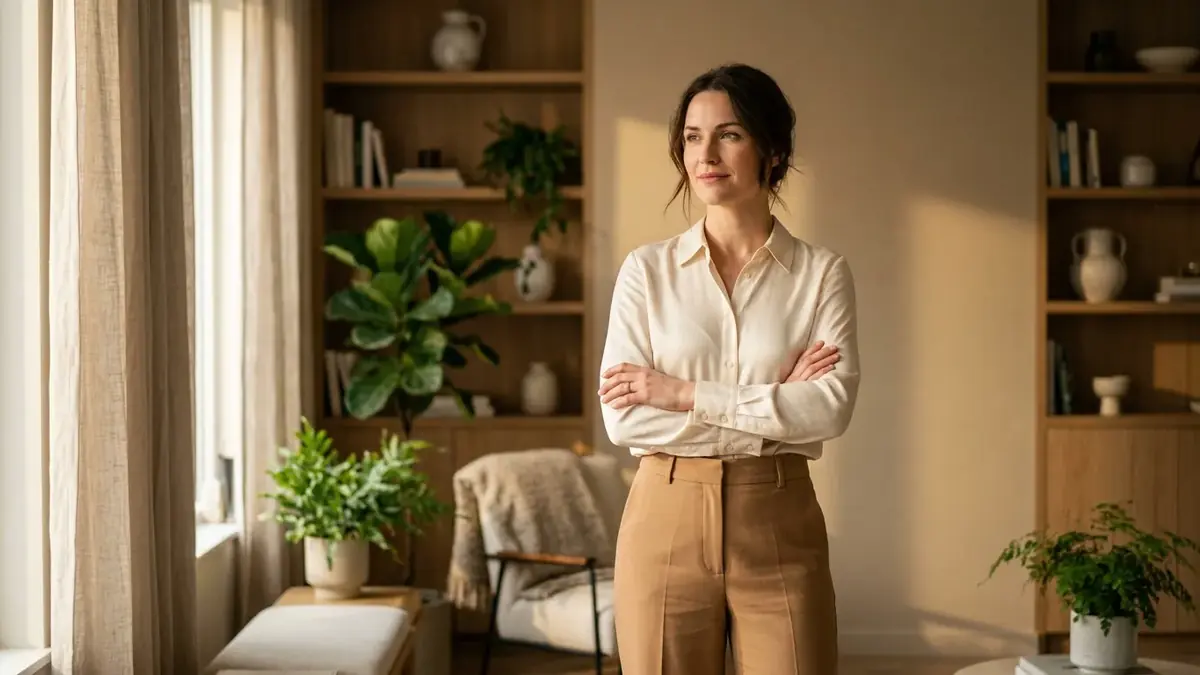 Femme debout, bras croisés et regard assuré, dans un salon lumineux garni de plantes