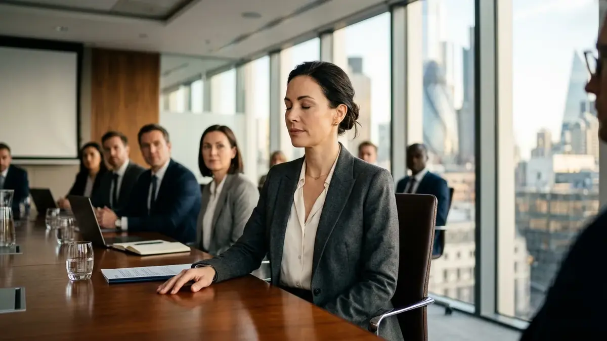 Femme attentive, les yeux baissés, assise à une longue table de réunion au milieu de ses collègues
