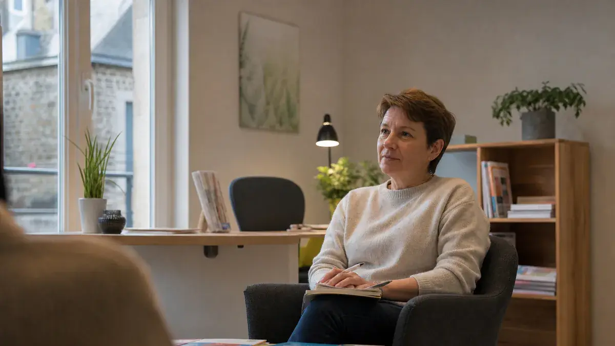 Psychologue assise dans le fauteuil de son cabinet lumineux, un carnet sur les genoux, face à un patient
