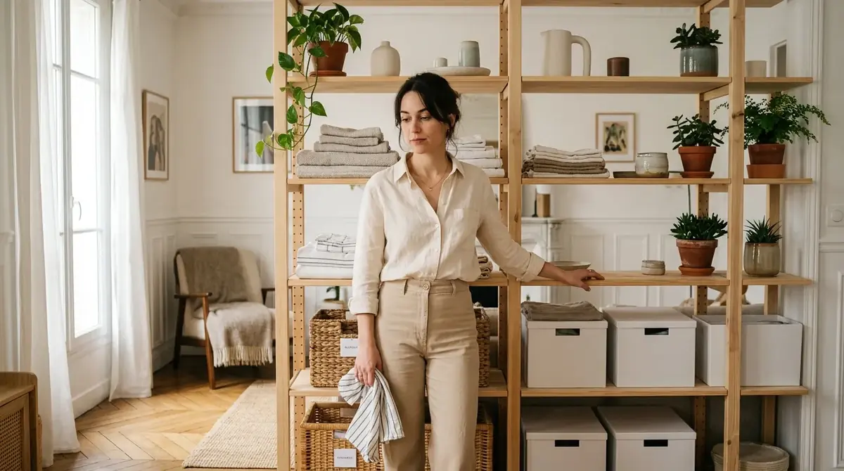 Femme debout avec un chiffon devant des étagères ordonnées, plantes et boîtes dans un salon clair