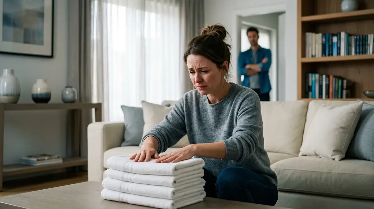 Femme inquiète pliant des serviettes sur une table basse, homme en retrait dans le salon