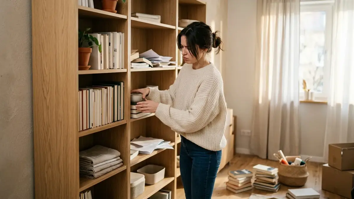 Femme rangeant livres et papiers sur une étagère, dans un salon lumineux encombré de cartons