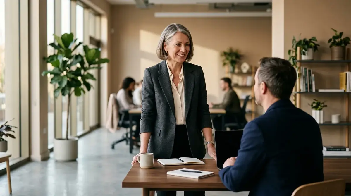 Femme souriante qui discute debout avec un collègue assis, dans un bureau lumineux