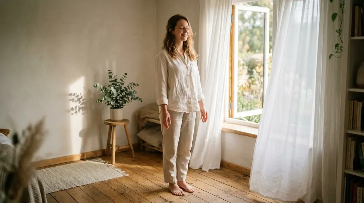 Femme pieds nus, sereine, debout près d'une fenêtre dans une pièce baignée de lumière