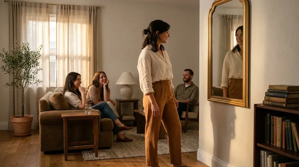 Femme debout face à un miroir dans un salon, tandis que des amis assis la regardent