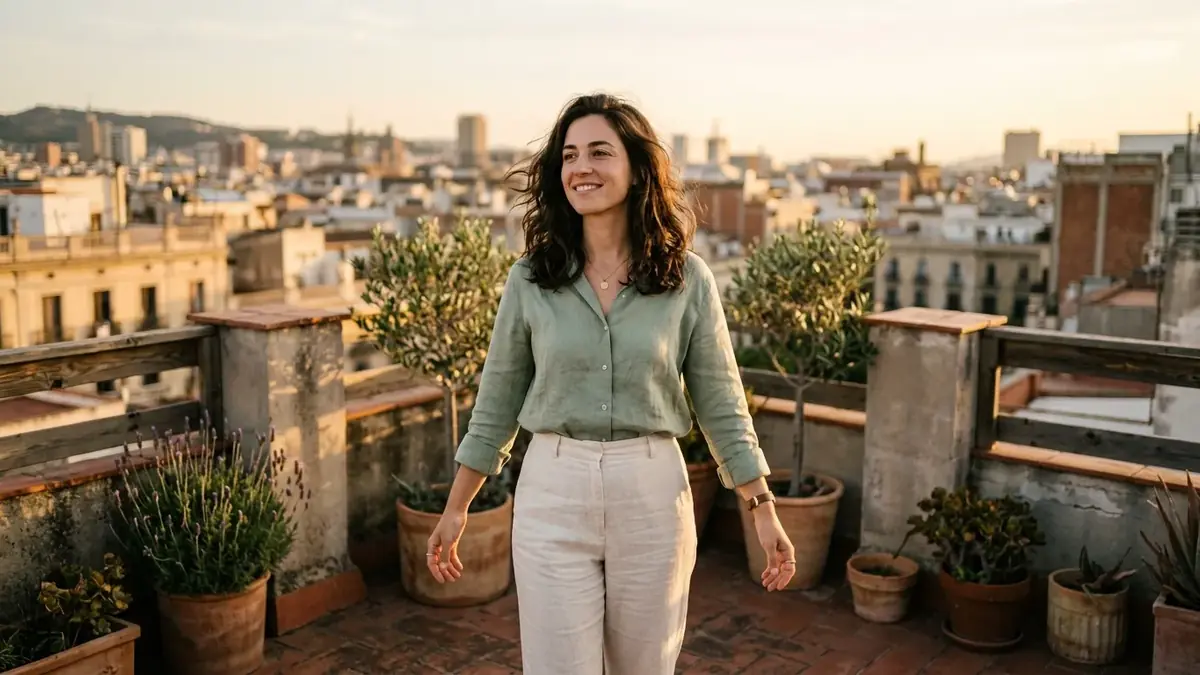 Femme souriante qui marche d'un pas assuré sur une terrasse dominant les toits d'une ville