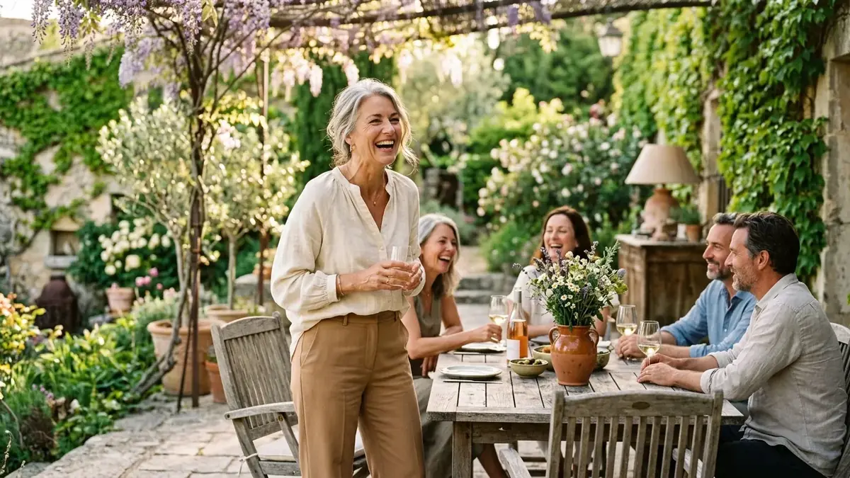 Femme aux cheveux gris qui rit, debout sur une terrasse fleurie, entourée d'amis attablés