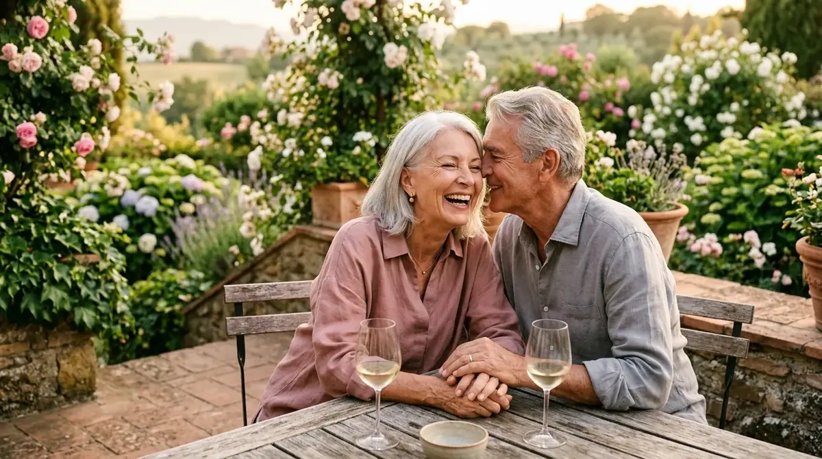 Couple de seniors complices qui rient, joue contre joue, attablés dans un jardin