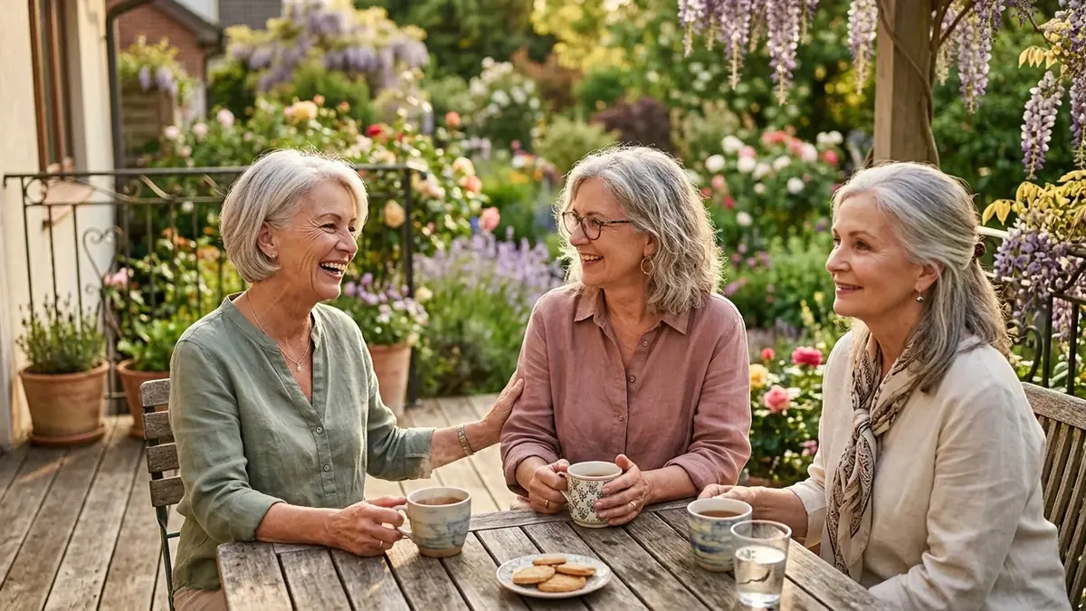Trois amies aux cheveux gris qui bavardent en riant autour d'un café sur une terrasse fleurie