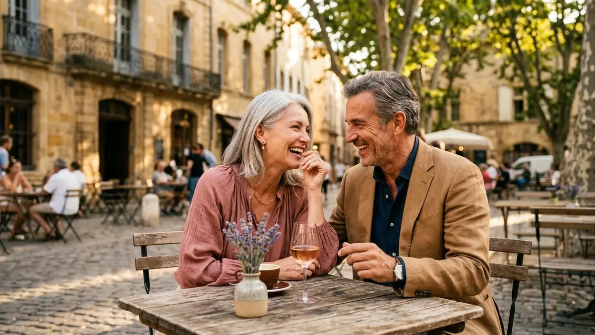 Un couple senior souriant partage un verre en terrasse sur une place pavée, dans une ambiance chaleureuse