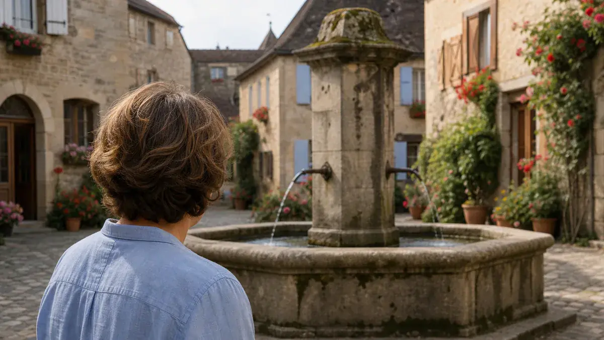 Personne vue de dos face à une vieille fontaine en pierre, sur une petite place fleurie de village