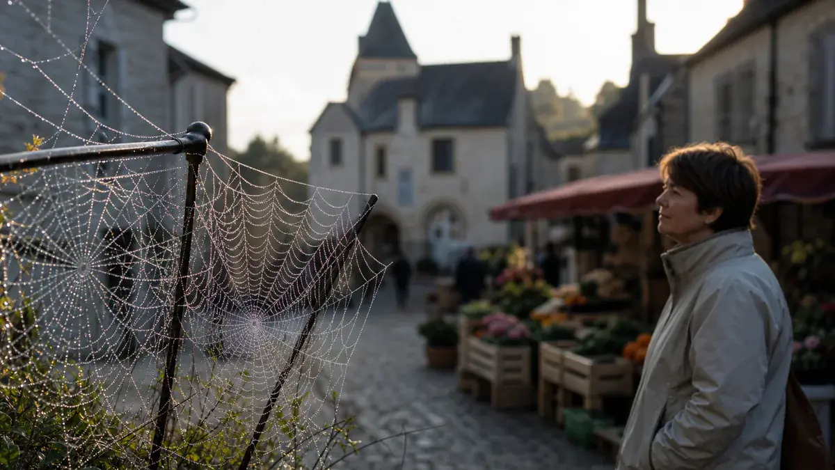 Toile d’araignée couverte de rosée sur une clôture, près d’une femme pensive dans une rue de marché