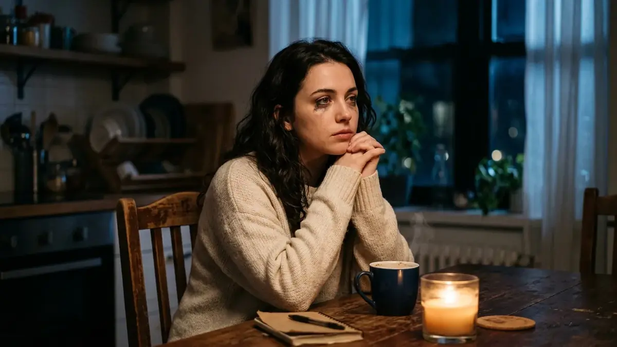 Jeune femme songeuse, mains jointes sous le menton, assise dans une cuisine à la lueur d'une bougie