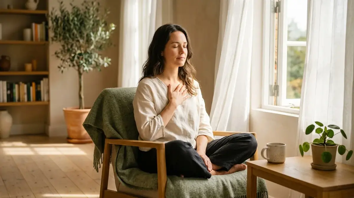 Femme assise en tailleur sur une chaise, main sur la poitrine, yeux fermés, dans un salon paisible