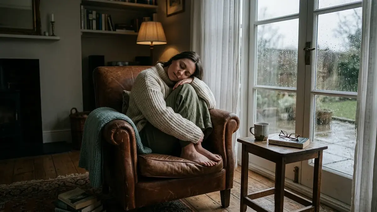 Femme recroquevillée dans un fauteuil en cuir, la tête posée sur les genoux, dans une pièce calme