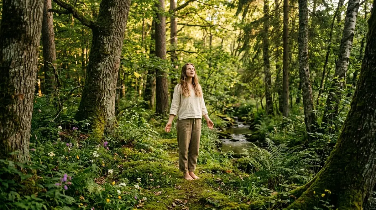 Femme seule marchant pieds nus dans une forêt verdoyante, près d’un ruisseau, dans une ambiance paisible