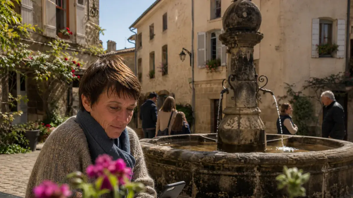 Femme en pull et écharpe lisant un message sur son téléphone, l’air ému, près d’une fontaine sur une place fleurie
