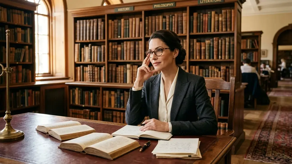Femme en veste sombre assise dans une bibliothèque boisée, main au visage, livres ouverts sur la table