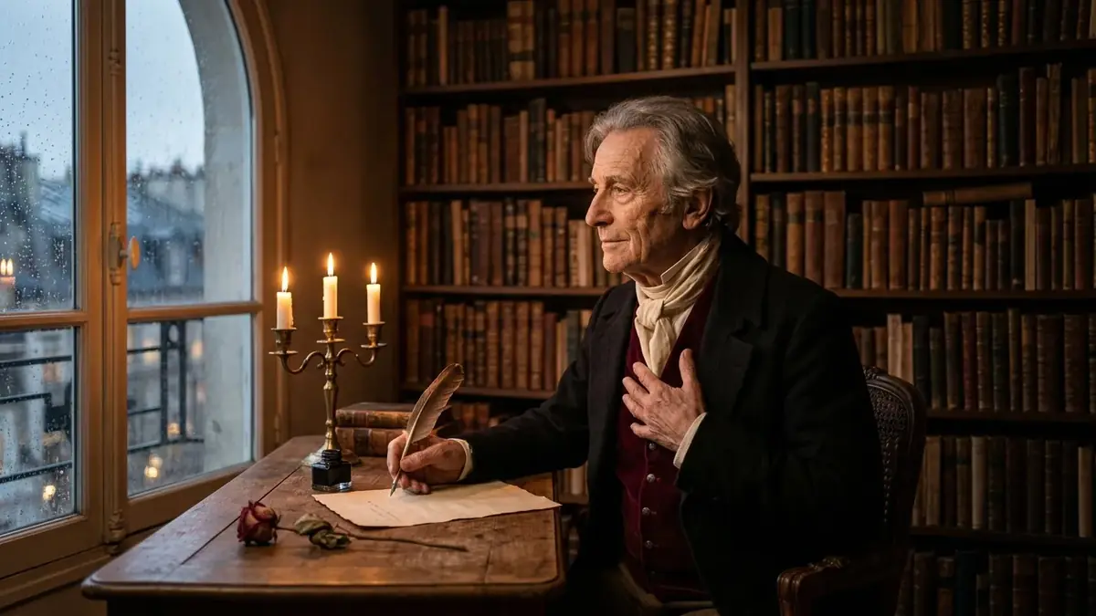Homme âgé en tenue d'époque, main sur le cœur, qui écrit à la plume à la lueur de bougies dans une bibliothèque